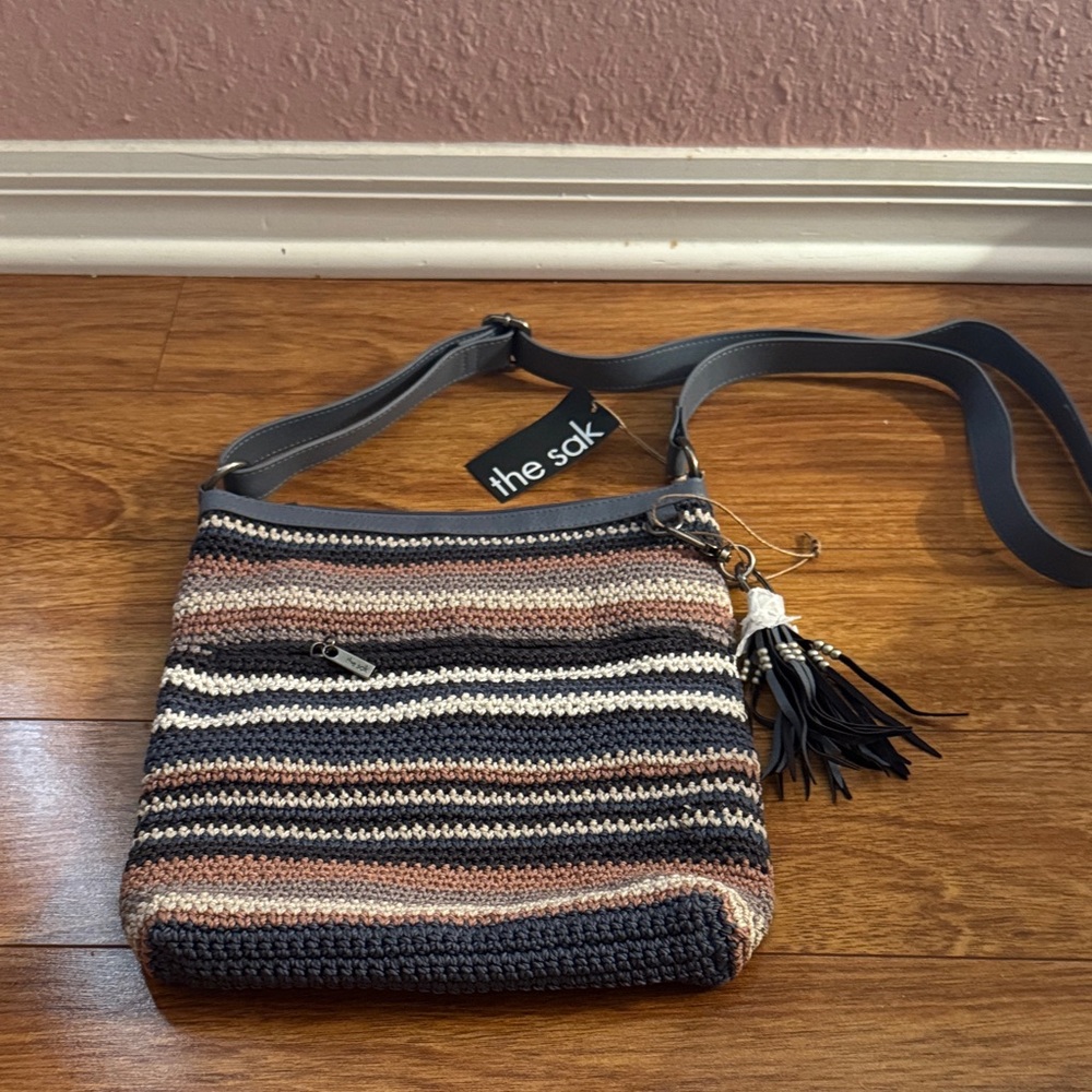 The Sak Striped Crochet Crossbody Bag in Navy, Taupe & Cream